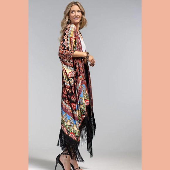 Boho Floral Damask Dainty Fringe Kimono Cape Duster - Picture 8 of 9